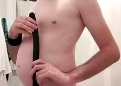 Extremely long anal dildo insertion, deep shower, enema, oily belly pumping