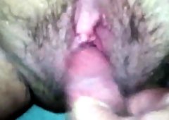 Rubbing his shaft to a hairy squirting fur pie