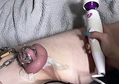 Mistress BJQueen Milks Chastity Cage Into Condom Cum
