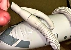 Small penis shoots cum on an inflatable plane and into a vacuum cleaner hose - cumming on my lovers