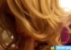 Trashy blonde crossdresser sucks two cocks