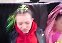 Euro Driver Pounds Big-Butted Teen Twins in Backseat