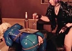 Arya Grander Gags Submissive in Latex Bondage with Soaking Pussy