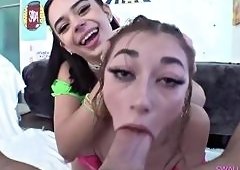 Brunette Takes Deep Throat Before Facial in Threesome