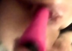 Slut blonde tattooed girlfriend using her pink dildo pt2